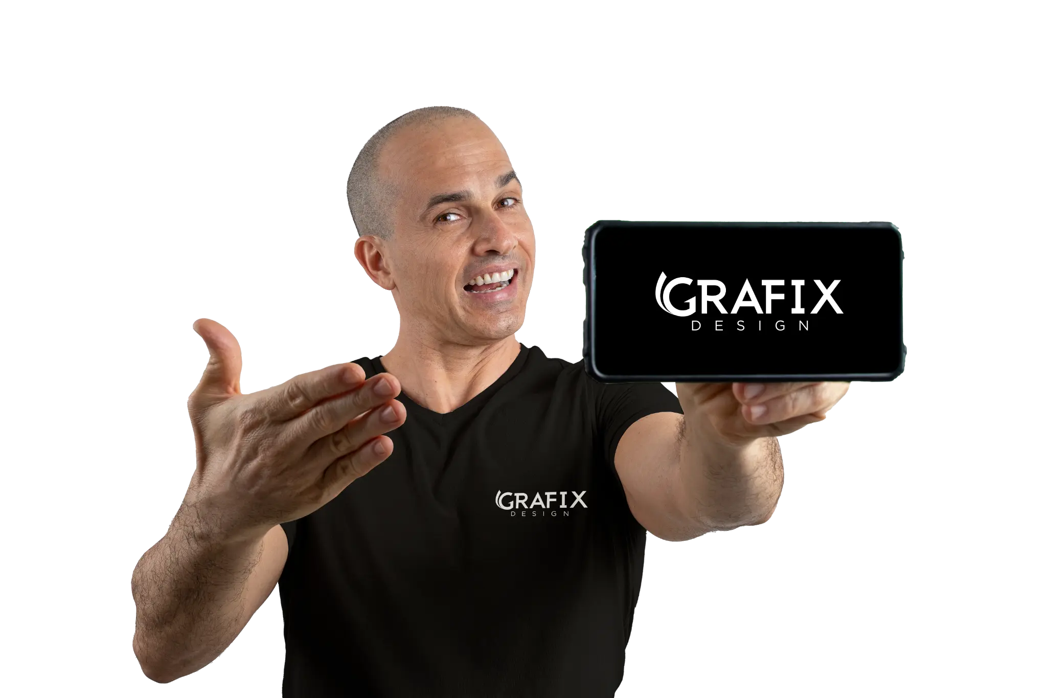 Homem mostrando celular com logo Grafix Design